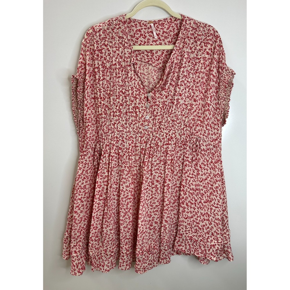 Free People One Fine Day Mini Dress Red Cream Ditsy Floral Pintuck XS Oversized - Picture 2 of 15